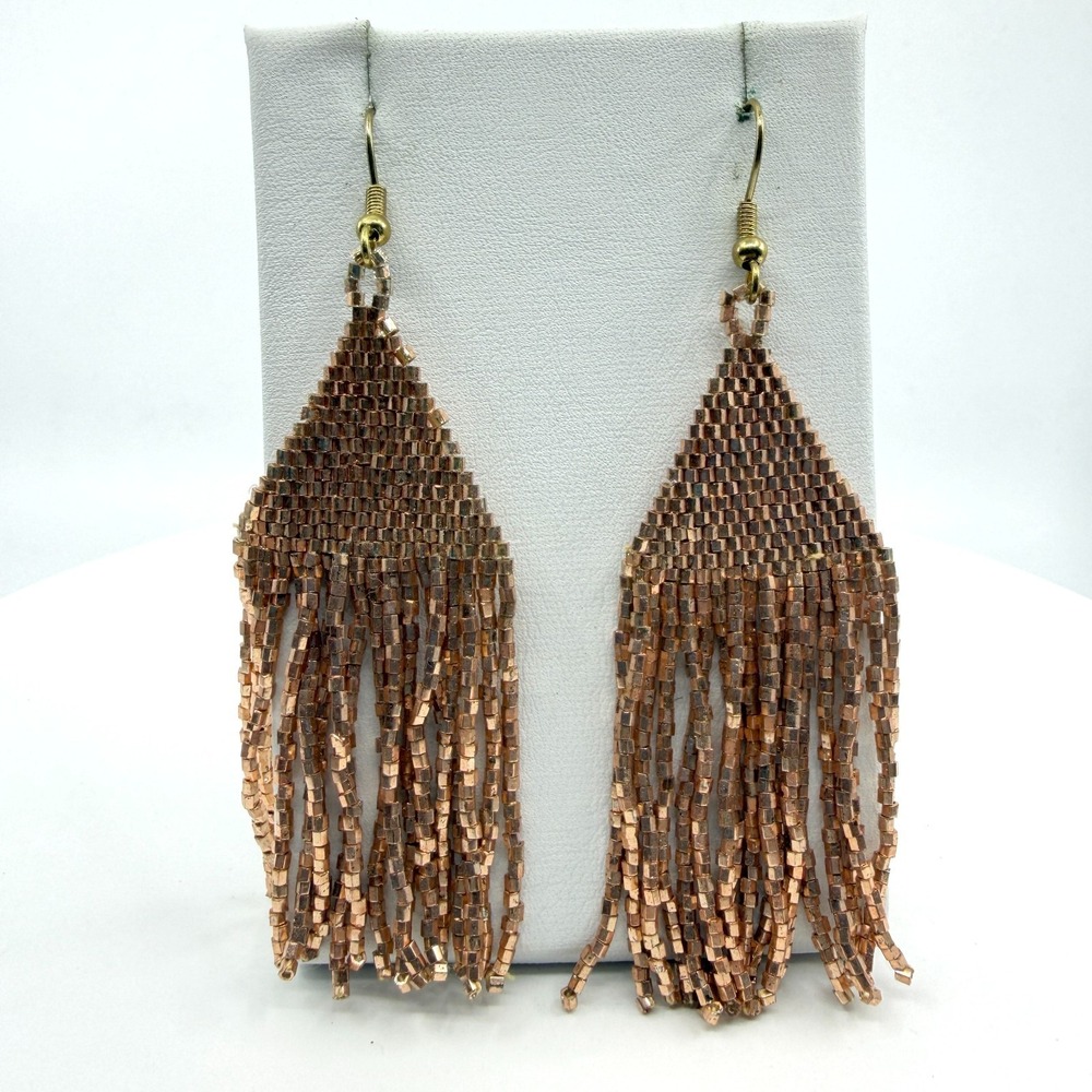 Y2K Rose Gold Beaded Fringe Earrings - Statement Boho Jewelry Gift